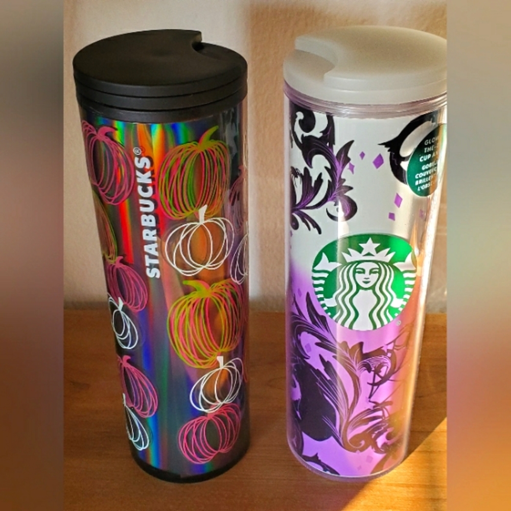 Starbucks Halloween 2023 Glow in the dark Pumpkins & 2021 Purple Cat, Spider Web